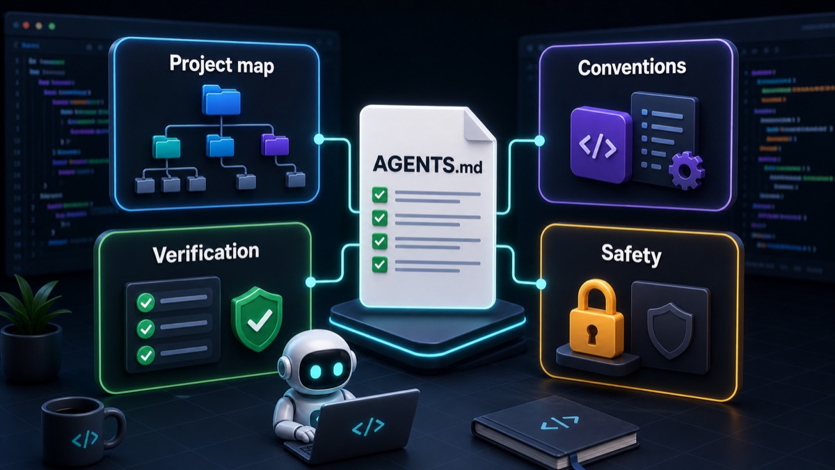Illustration of an AGENTS.md file connected to four panels: project map, conventions, verification and safety