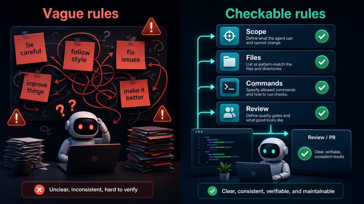Split-screen illustration comparing vague AI rules with checkable repository rules