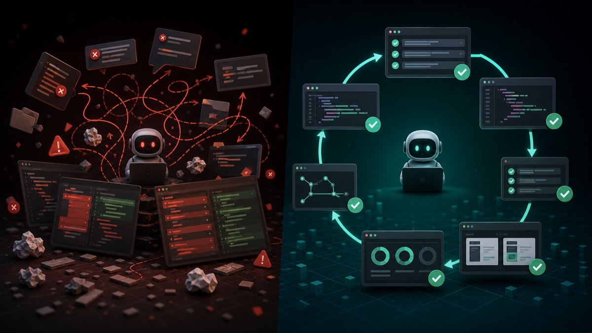 Illustration comparing a chaotic AI coding workflow with a disciplined loop engineering workflow