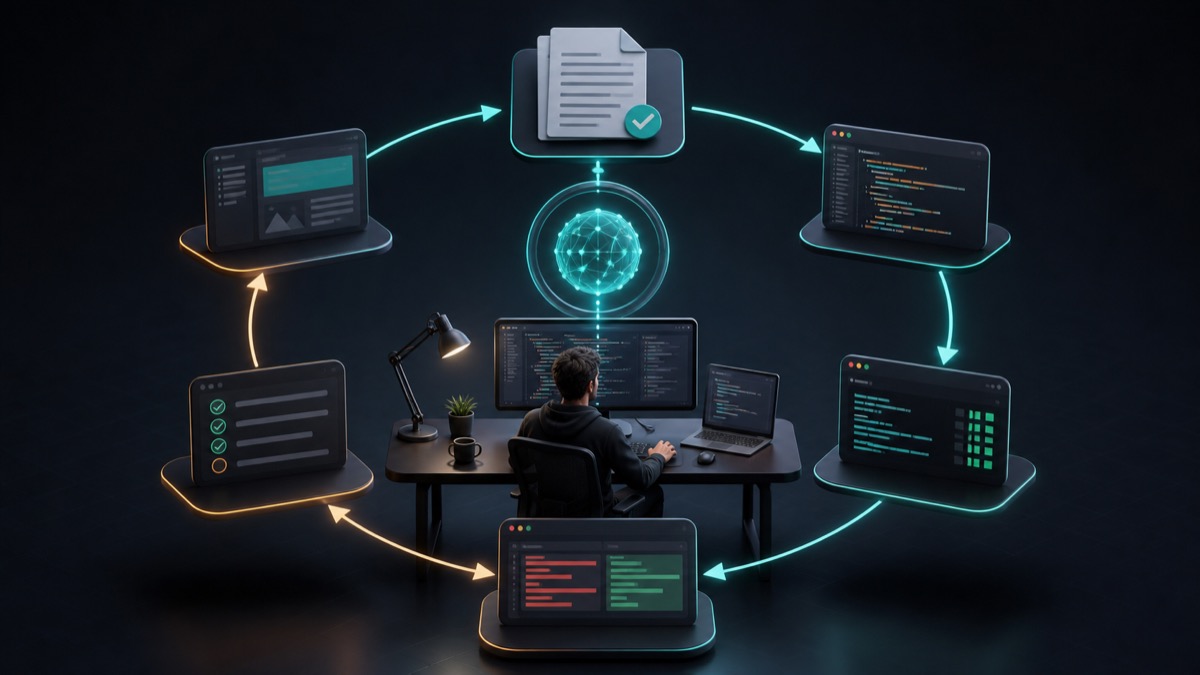 Illustration of a developer using an AI coding loop with specification, code, checks, review and documentation panels