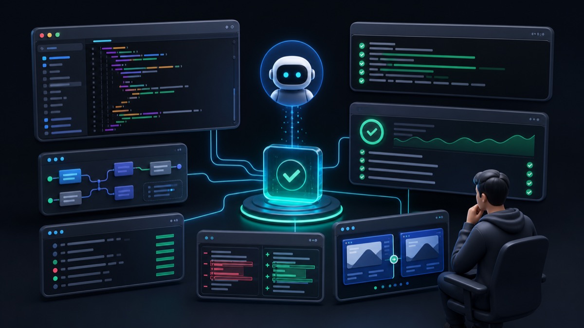 Illustration of an AI coding verification dashboard with code, tests, type checks, screenshot comparison and review panels